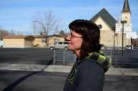 POCATELLO, Idaho -- Diane Peck engages in conversation with another parent as she waits to pick up her son from the bus stop in down town Pocatello on Feb 11, 2015. Diane is the wife of lance Peck owner of Downards Funeral Home.